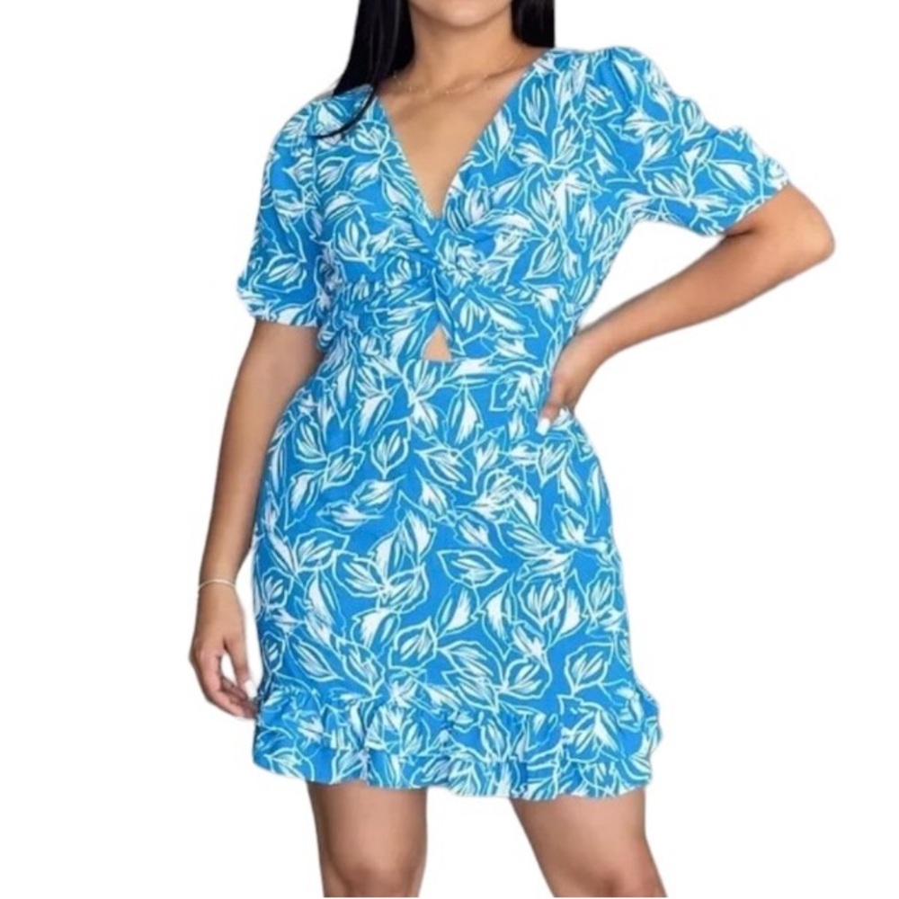 Milk & Honey Women’s Short Sleeves Tie Back Blue Floral Prints Mini Dress Size S